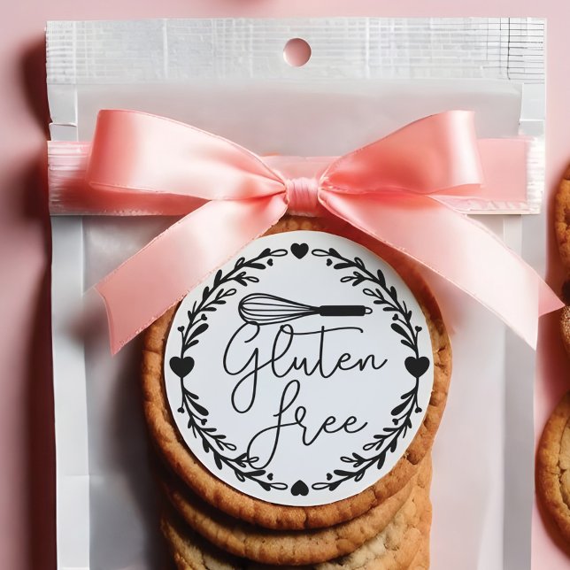 Gluten Free Bakery Whisk & Wreath Black & White Classic Round Sticker (Gluten Free Bakery Whisk & Wreath Black & White Classic Round Sticker)