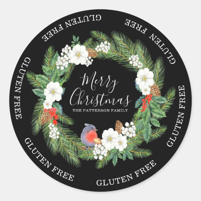 Gluten Free Merry Christmas Floral Wreath Name Classic Round Sticker (Front)