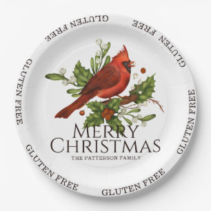 Gluten Free Merry Christmas Red Cardinal Holly Paper Plate