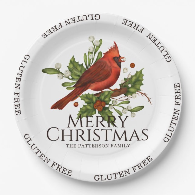 Gluten Free Merry Christmas Red Cardinal Holly Paper Plate (Front)