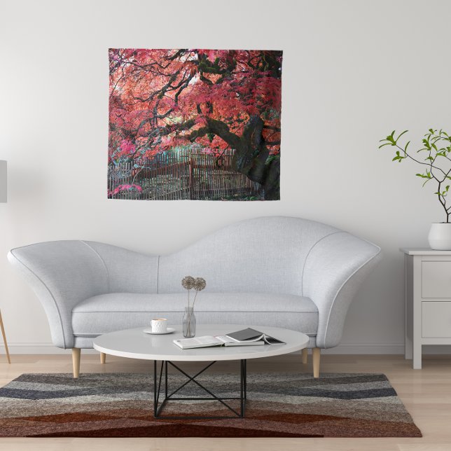 Gnarly Red Japanese Maple and Bamboo Fence Tapestry (In Situ (Sofa))