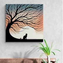 Gnarly Tree Black Cat silhouette in The Rising Sun