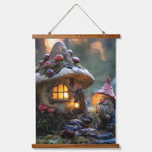 Gnome and a mushroom house, fantasy design hanging tapestry