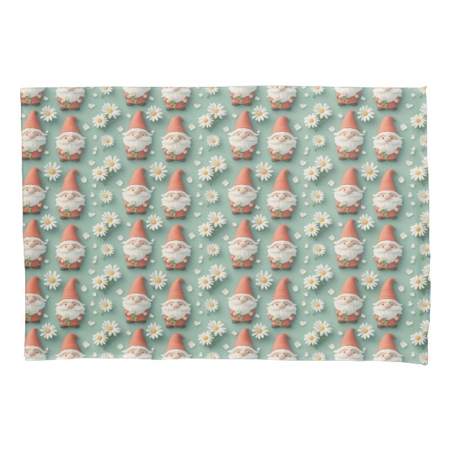 Gnome and Daisy Seamless Pattern Garden Design Pillowcase (Front)
