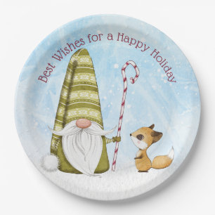 Gnome and Fox Best Wishes Happy Holiday Custom Paper Plate