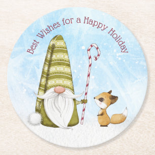 Gnome and Fox Best Wishes Happy Holiday Custom  Round Paper Coaster