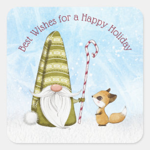 Gnome and Fox Best Wishes Happy Holiday Custom  Square Sticker
