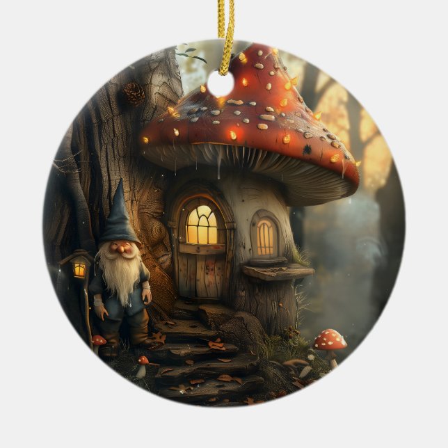 Gnome and mushroom house design ceramic tree decoration (Front)