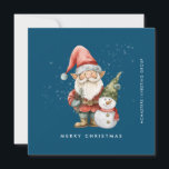 Gnome and Snowman Merry Christmas Businness Flat Holiday Card<br><div class="desc">A gnome dressed in red stands beside a snowman in a green elf stocking hat and red scarf. They are surrounded by a dusting of white snow that pops on the dark blue background. The minimalist aesthetic is created with a simple Merry Christmas below and the business name running perpendicular...</div>