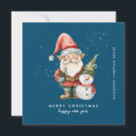 Gnome and Snowman Merry Christmas Businness Flat Holiday Card<br><div class="desc">A gnome dressed in red stands beside a snowman in a green elf stocking hat and red scarf. They are surrounded by a dusting of white snow that pops on the dark blue background. The minimalist aesthetic is created with a simple Merry Christmas and Happy New Year below. The business...</div>
