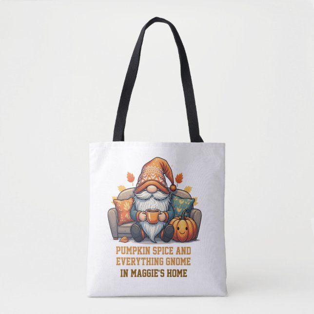 Gnome at home cozy - pumpkin design tote bag (Front)
