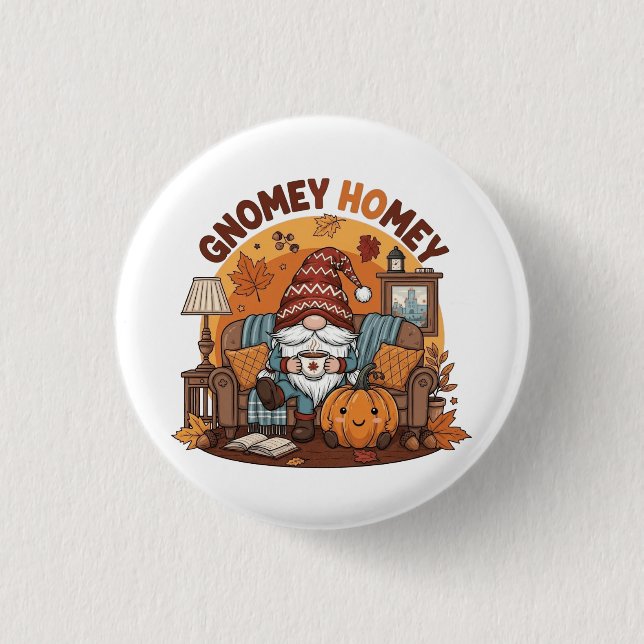 Gnome at home seasonal pumpkin design 3 cm round badge (Front)