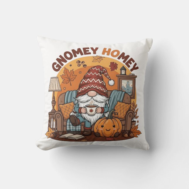 Gnome at home seasonal pumpkin design cushion (Front)