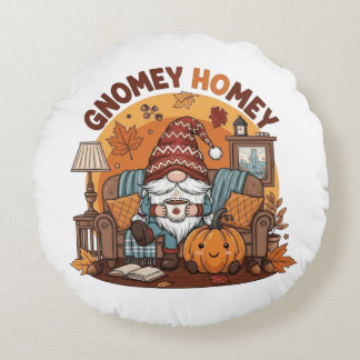 Gnome at home seasonal pumpkin design round cushion