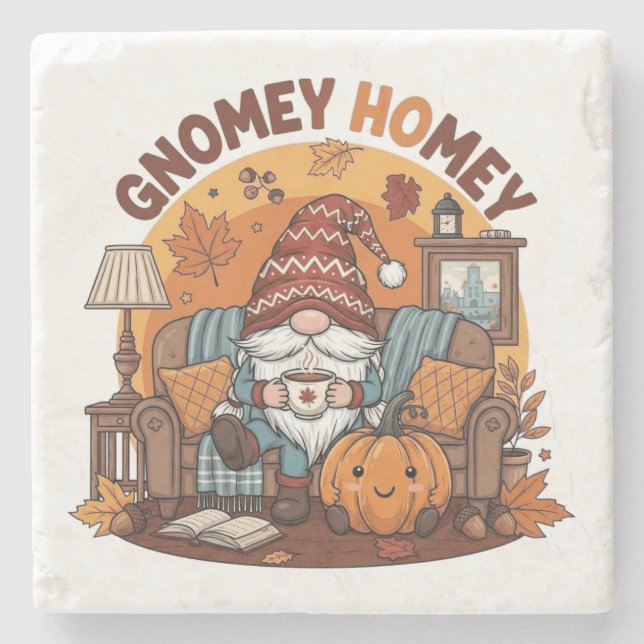 Gnome at home seasonal pumpkin design stone coaster (Front)