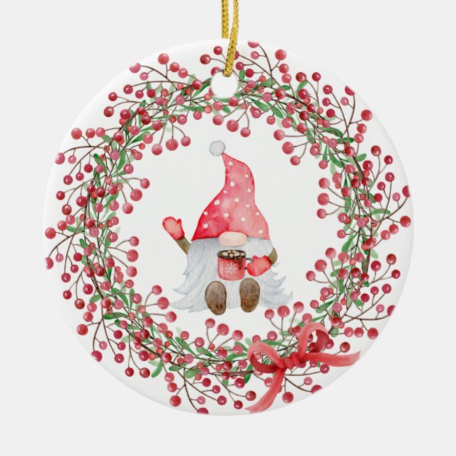 Gnome Berry Wreath  Ceramic Tree Decoration (Front)