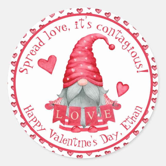 Gnome Boy With Hearts| Classmates Valentine's  Classic Round Sticker (Front)