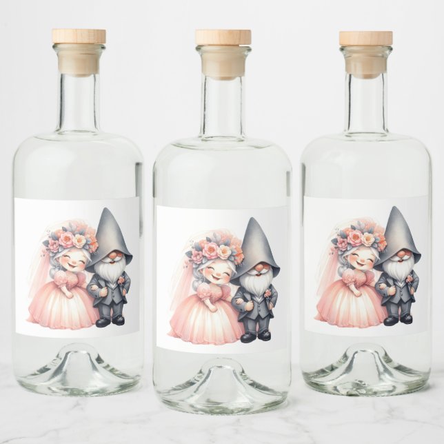 Gnome Bride Groom Orange Rustic Summer Wedding Liquor Bottle Label (Bottles)