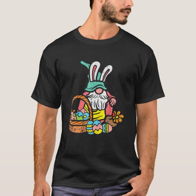 Gnome Bunny Happy Easter Day Eggs Basket T-Shirt (Front)