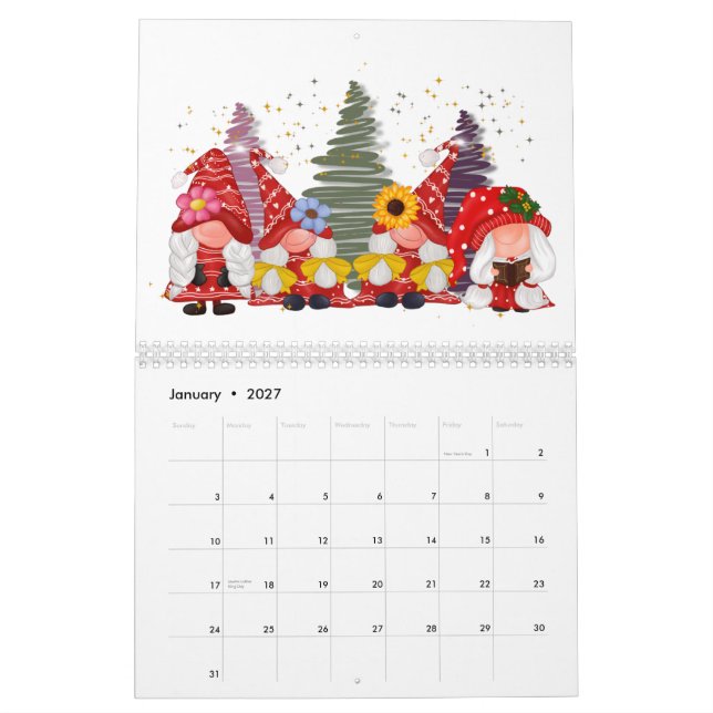 Gnome Calendar Any Year Cute Adorable Fun (Jan 2027)