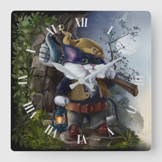 Gnome cat with sledgehammer and lamp goes to work	 square wall clock (Front)