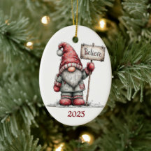 Gnome Ceramic Oval Christmas Ornament