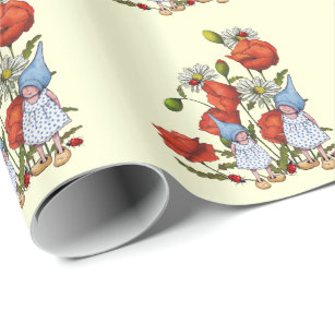 Gnome Children, Poppies, Ladybugs, Fantasy Art Wrapping Paper