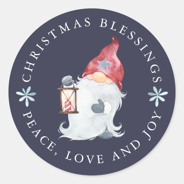 Gnome Christmas Blessings Peace Love Joy Classic Round Sticker (Front)