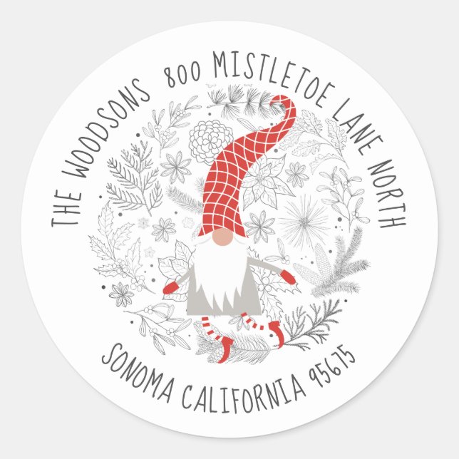 Gnome Christmas Foliage Return Address  Classic Round Sticker (Front)