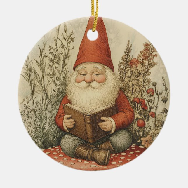 Gnome Christmas Ornament For Book Lovers (Front)