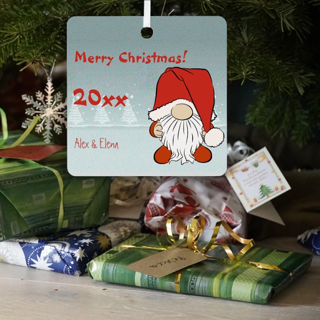 Gnome Christmas snow photo Metal Square Ornament (Creator Uploaded)