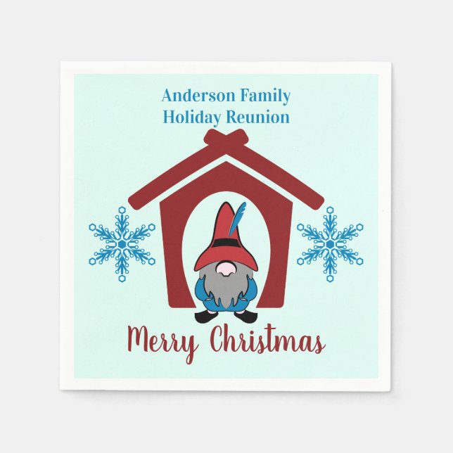 Gnome Christmas Snowflakes Red Blue Personalised Napkin (Front)