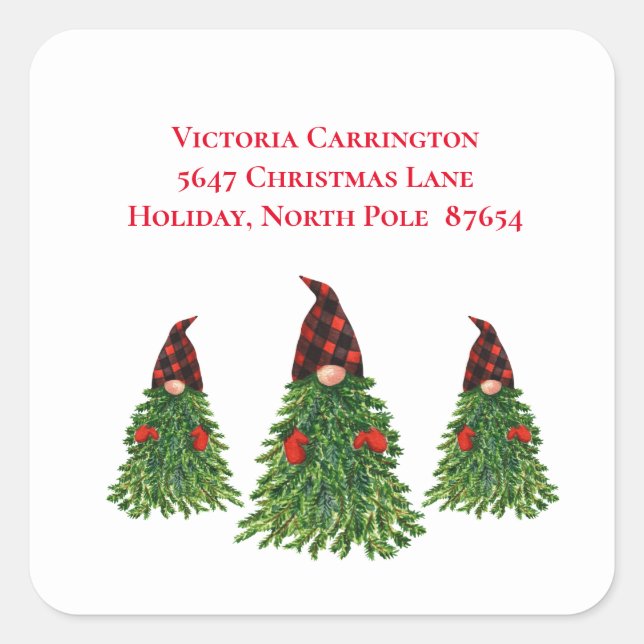 Gnome Christmas Tree Buffalo Check Return Address Square Sticker (Front)