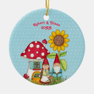 Gnome Couple In Garden on Blue Background Ceramic Tree Decoration