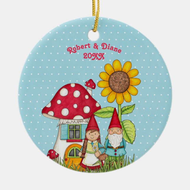 Gnome Couple In Garden on Blue Background Ceramic Tree Decoration (Front)