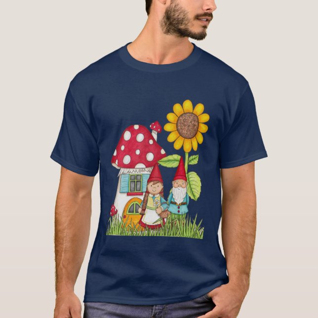 Gnome Couple Mushroom Home Sunflower Unisex T-Shirt (Front)