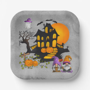 Gnome Couple Whimsical Haunted House   Paper Plate
