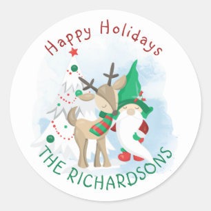 Gnome Deer and Christmas Tree Cute Classic Round Sticker
