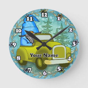 Gnome driving car round clock