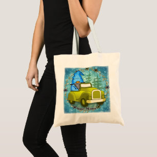 Gnome driving car tote bag