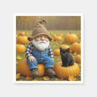 Gnome Farmer and Black Kitten On Pumpkins
