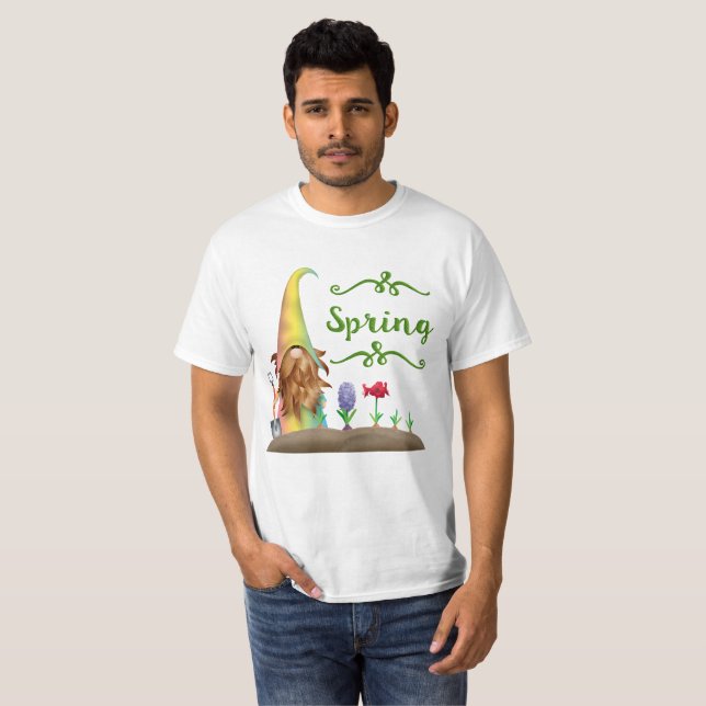Gnome Flower Garden Spring Green Typography Unisex T-Shirt (Front Full)
