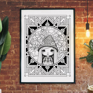 Gnome Flower Mandala Adult Coloring  Poster