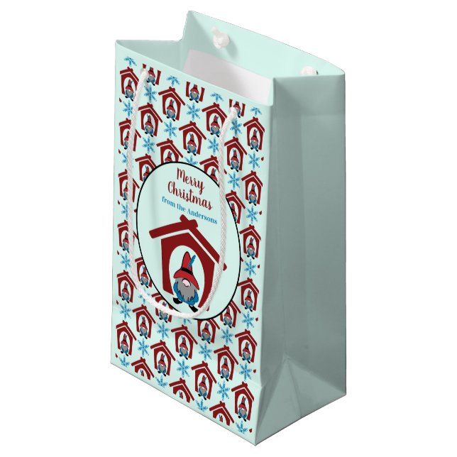 Gnome for Christmas Pattern Red Blue Personalised Small Gift Bag (Front Angled)
