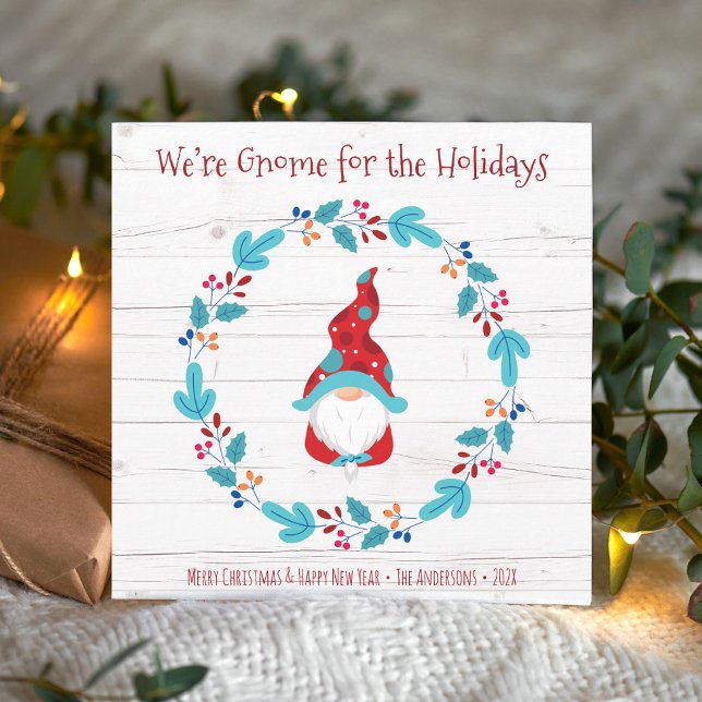 Gnome for Holidays Cute Elf Floral Wreath Rustic Holiday Card (Creator Uploaded)