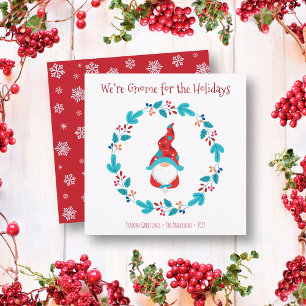 Gnome for Holidays Fun Cute Elf Floral Wreath Holiday Card