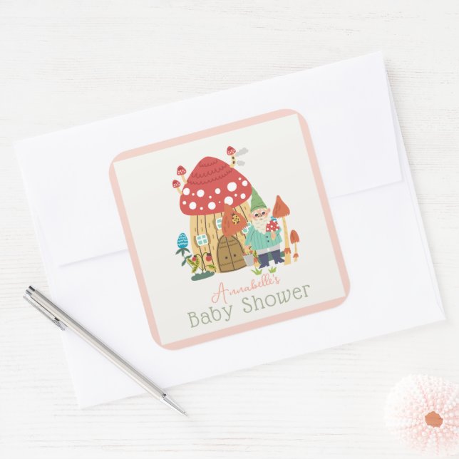 Gnome Garden Mushroom Pink Girl Baby Shower Square Sticker (Envelope)