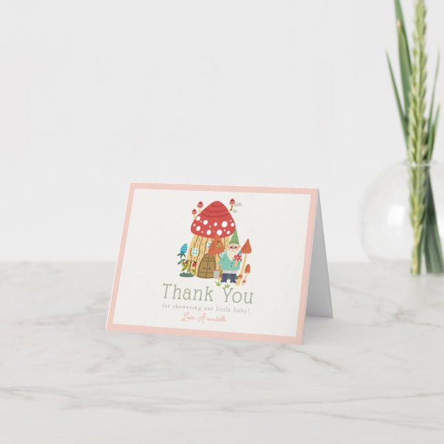 Gnome Garden Mushroom Pink Girl Baby Shower Thank You Card (Front)