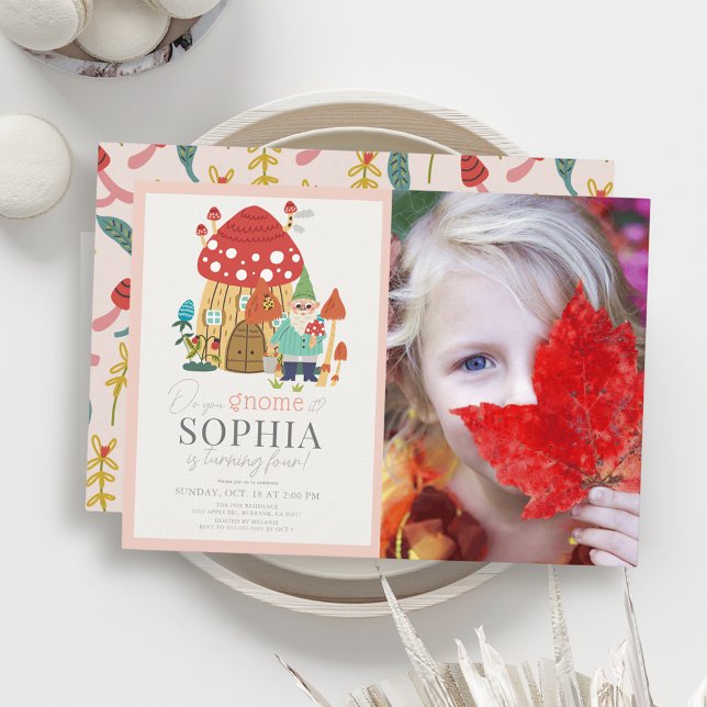 Gnome Garden Mushroom Pink Girl Birthday Photo Invitation (Creator Uploaded)