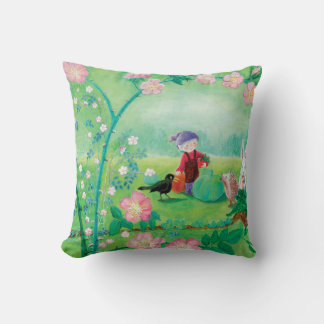 Gnome gardener, Blackbird, Hedgehog & white Rabbit Cushion